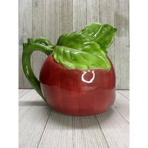 Vintage Large Ceramic Apple Shaped Beverage Pitcher 7” Tall 9” Wide With Handle - Picture 1 of 11